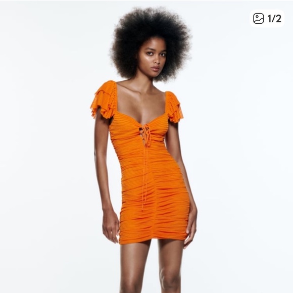 Zara Womens Pleated Ruffle Mini Dress Orange Medium - Picture 1 of 10